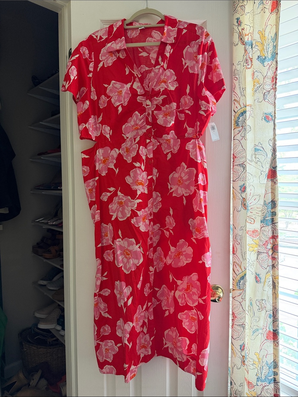 Old Navy Red Floral Midi Dress with Pink Flowers